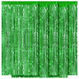 Ohiyoo Pack of 5 Green Metallic Tinsel Curtains, 1 x 2.5 m Foil Fringe Tinsel Curtain Background for Birthday, Party Decoration, Engagement, Wedding, Christmas, New Year Decoration (Green)