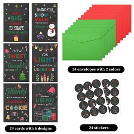 Sanixin 24Pcs Christmas Thank You Cards for Teachers Christmas Black Appreciation Cards with Envelopes and Stickers for Xmas Teacher Gifts, 6 designs