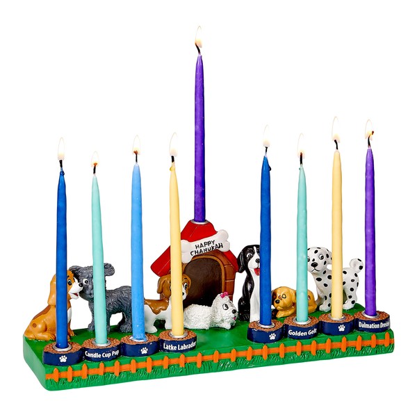 Dog Lovers Menorah by Rite Lite | Exciting & Colorful Multicolor Hand Painted Resin Dog Menorah! Hanukkah Gifts Whimsical Design | Jewish Holiday Party Favors Candle Holder Festival of Lights 11" L