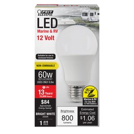 Feit Electric A19 LED Light Bulb, 60W Equivalent, E26 Base, 3000K Bright White, 800 Lumens, Low Voltage Light Bulbs for Marine/RV Sockets, 15,000-Hour Lifetime, OM60/930CA/LED-12/BX (Pack of 1)