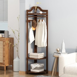 O5ceanLuxe Corner Hall Tree,Bamboo Corner Clothes Rack,Entryway Coat Rack with Storage and Hooks,Garment Rack with Shelves,Freestanding Corner Shelf for Entryway Bedroom (Tawny)