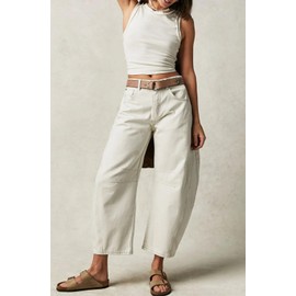 Womens Stretchy Mid Rise Barrel Jeans Vintage Loose Wide Leg Cropped Denim Pants Y2k Baggy Boyfriend Jeans (X-Small,Ivory)