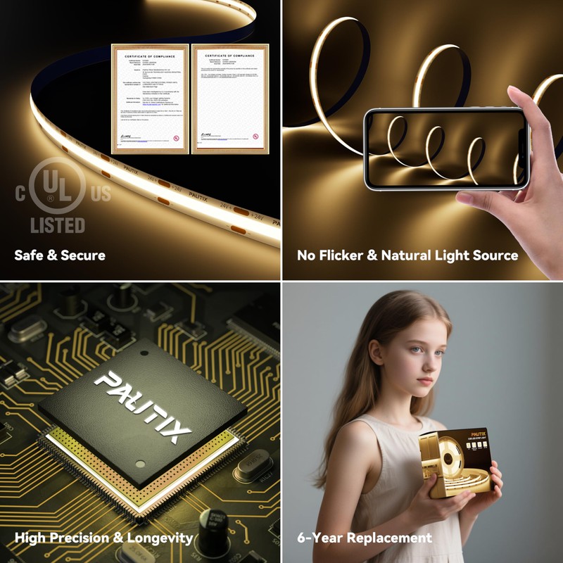 PAUTIX COB LED Strip Lights with RF Remote,UL Listed Dotless