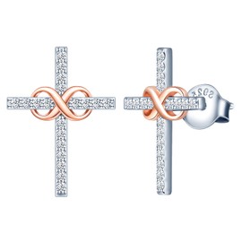 INFINIONLY Women's girl's Earrings Studs, 925 sterling silver earring stud, Silver cross earrings inlaid with rose gold infinity symbol, Double color plating process, Elegant, Inlaid shiny zircon