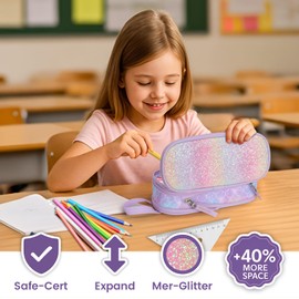 Bagseri Pencil Case for Girls - Expandable Cute Pencil Case for Kids Large Capacity Pencil Pouch Organizer for School Student Office Supplies, Pen Case Only (Purple, Mermaid Scale)