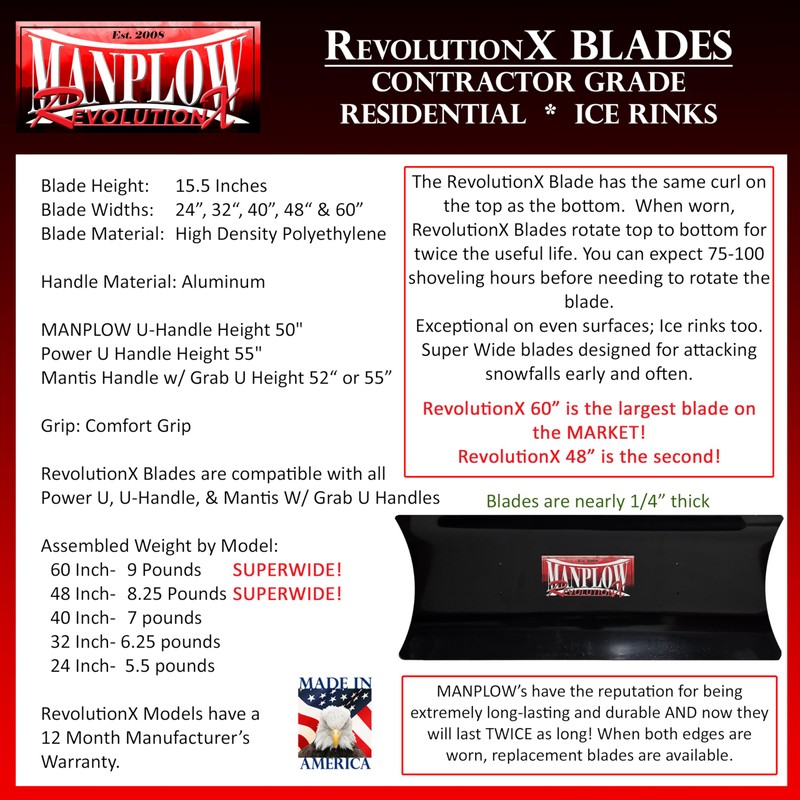 MANPLOW RevolutionX Snow Pushers and Shovels (Power U Handle, 48")