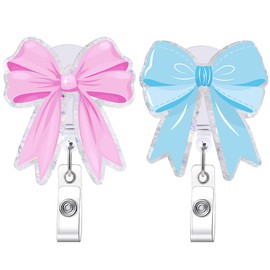 2 Pack Bow Badge Reels, Pink & Blue Retractable ID Holder with Swivel Clip, Cute Gifts for Nurses Teachers Students Office Workers