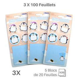 WAYTEX 300 Reusable Sticky Notes Fantasy Cute Animals 3 Stands with 100 Notes 4 Mini Penguin Pads and 1 Square Pad 8 x 8 cm Printed