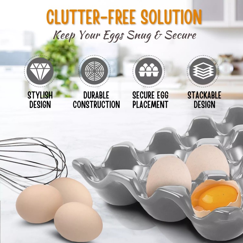 Ceramic Egg Tray 12-Cup Egg Holder Container for Fridge (Gray,