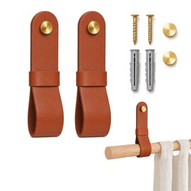 2Pcs Leather Curtain Rod Holder PU Leather Curtain Rod Holders with Mounting Screws Wall Loop Straps for Pole Dowel Rod Towel Quilt Hanging Boho Home Decor Brown