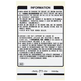 Genuine Honda 19043-PT3-A00 Coolant Information Label