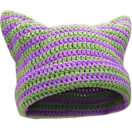 XYIYI Crochet Hats for Women Cat Ear Knitting Hat Vintage Beanie Grunge Accessories Slouchy Hats for Women, Purple, Green