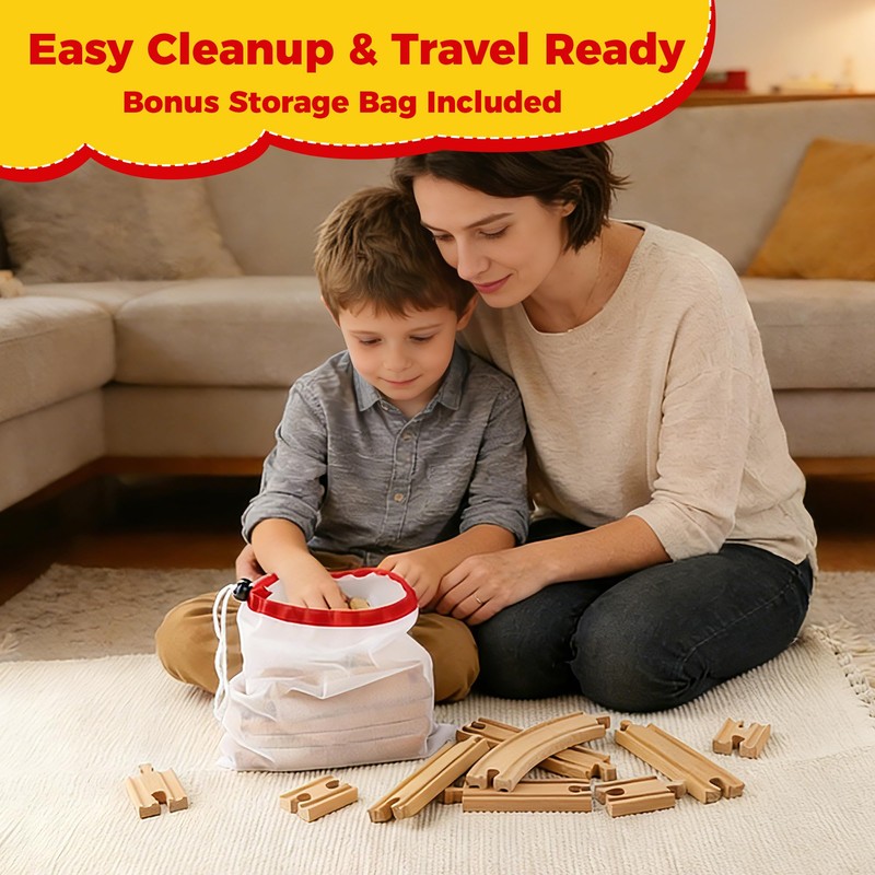 WudBudz Wooden Train Tracks 24 Pcs Set - Compatible with