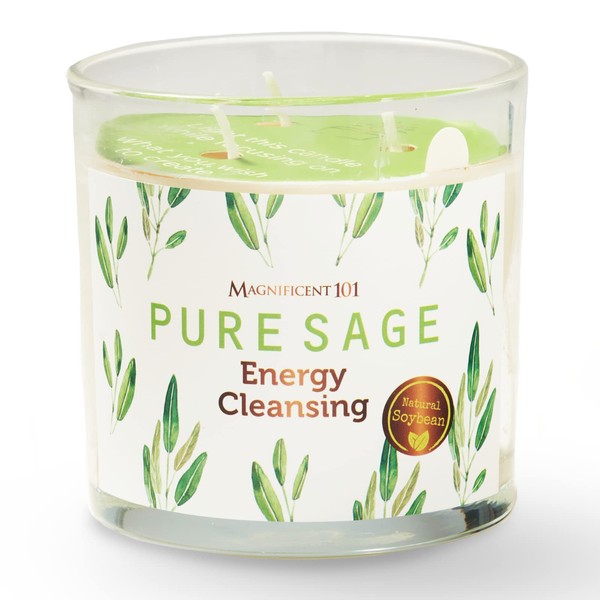 Magnificent 101 Sage Energy Cleansing Aromatherapy Candle for Meditation, Manifestation, and Intention-Setting - 14.5 oz Natural Soy Wax and Pure Sage Essential Oil | 56-Hour Burn Time