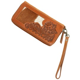 Shyanne Women's Hair On Hide Tooled Leather Wristlet Wallet Brown One Size