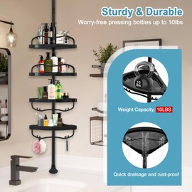 Corner Shower Caddy Tension Pole, Rustproof Bathtub Storage Organizer with 4 Adjustable Shelves, Bathroom Shower Rack Shampoo Holders for Inside Shower, 40"-120" Floor to Ceiling Shower Caddy Black