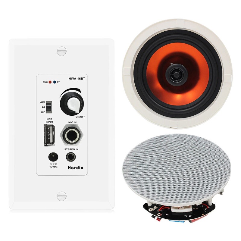 Herdio 6.5'' Bluetooth Ceiling Speakers 600W 4 Speakers +Wall Amplifier