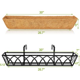 HFHOME 4 Pcs 30" Window Box Deck Railing Planter with Horse Trough Coco Liners, Black Metal Hanging Flower Planters Baskets for Indoor, Outdoor, Balcony, Porch, Fence, Patio, and Lawn