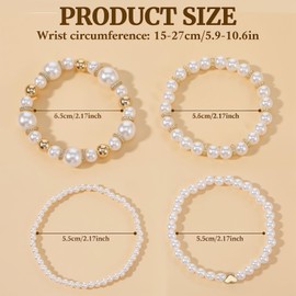 4Pcs Gold Pearl Bracelets For Women Stackable Stretch Bead Bracelets Multilayered Elastic White and Gold Pearl Bracelet For Women Bridesmaid Bridal Wedding Jewelry (Gold)