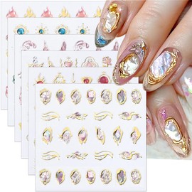 Dornail 6 Sheets 5D Crystal Soft Glue Embossed Nail Stickers,Flame Heart Nail Art Stickers Pink Feather Stereoscopic Nail Decals Diamond Flower Sun Gold Metal Line DIY Nail Design Nail Art Decoration
