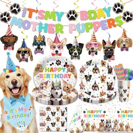 Yingoto Dog Birthday Decorations, with Dog Bandana, Party Hat, Bowtie, 25 Serves Dog Birthday Disposable Tableware Set, with Banner Plates Napkins, and Cups Table Cloth for Puppy Party Decorations