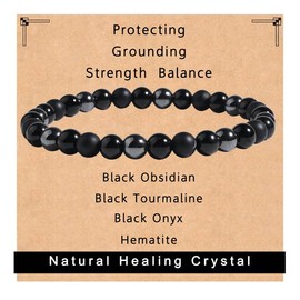 black onyx tourmaline bracelet triple empath protection anxiety relief healing crystal bracelet - style: triple protection bracelet