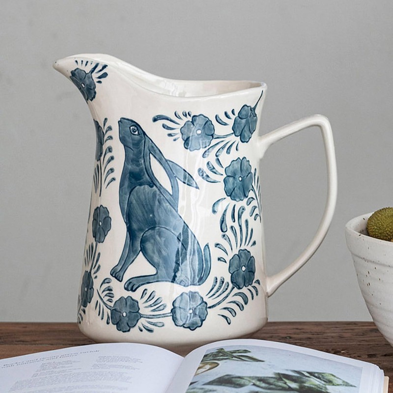 Creative Co-Op Stoneware Pitcher with Painted Rabbit and Florals, Blue