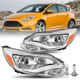 JSBOYAT Headlight Assembly Pair w/Bulbs for 2012 2013 2014 Ford Focus [Factory Halogen Type] OEM Headlamp Replacement, Chrome Housing & Amber Reflector