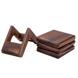 IRIVER BLANK Set of 6 Black Walnut Wood Coasters with Holder - Premium Real Wood Drink Mats for Home, Bar, and Restaurant - Stylish Protection for Your Surfaces