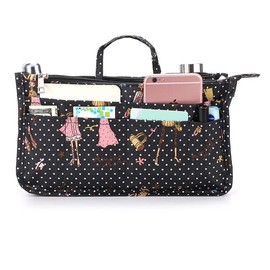 Printing Handbag Organizers Inside Purse Insert - High Capacity 13 Pockets Bag Tote Organizer with Handle - Color: Black+Pink