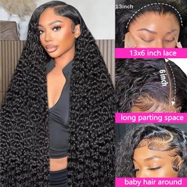 GYAJEP 34 Inch 13x6 Lace Front Wigs Human Hair 200 Density Water Wave Human Hair Wig Pre Plucked Curly Wig for Black Women Deep Wave Lace Front Wig
