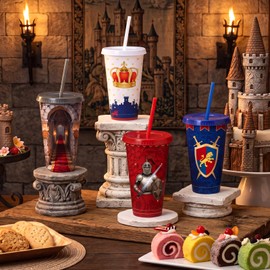 Patelai 12 Pcs Medieval Plastic Tumbler with Lids and Straws Medieval Reusable Cups Knight Castle Party Favor for Birthday Party Supplies
