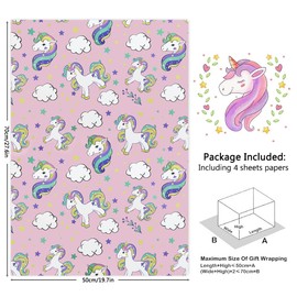 Magic White Unicorn Colorful Tails and Manes Prancing On Soft Pink Wrapping Paper 20 x 28 Inch Per Sheet Folded Flat 4 Sheets 15 sq. ft ttl For Kids Girls Girlfriend Birthday Party Holiday Gift Wrap