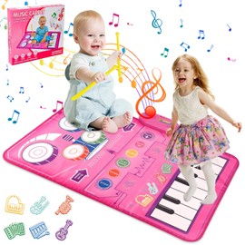 Nasjac Alfombrilla de Musicales de Piano para Niños,2-in-1 Tapete Musical con Tambor,Plegable Alfombrilla Teclados de Piso,Piano Electrónico con 6 Instrumentos 13 Canciones 8 Rítmicas (Rosa)