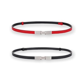Women's Belts Skinny Soft Genuine Leather Belts Adjustable Slim Waist Belt Silver Metallic Plaque Buckle Waistband, 2-Pack, Black & Red