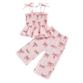 Yoisdtxc Toddler Baby Girl Clothes Summer Tie-Up Ruffle Tops Cotton Linen Pants Set Infant Smocked 2Pcs Outfit (C-Pink, 2-3T)