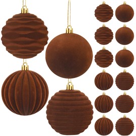 12PCS Brown Velvet Christmas Balls 3.15inch Flocked Christmas Tree Balls Ornaments Shatterproof Plastic Ball Bulbs with Flocking Textures Vintage Xmas Hanging Decor for Xmas Home Party Decorations