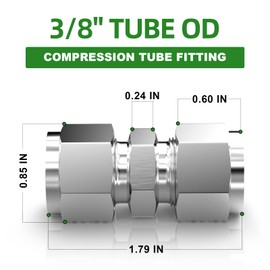 TAISHER 5PCS 304 Stainless Steel Compression Tube Pipe Fitting Connector, 3/8" Tube OD x 3/8" Tube OD Straight Adapter