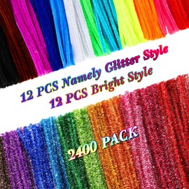 2400 Pcs Pipe Cleaners 24 Assorted Colors Chenille Stems Glitter Pipe Cleaners Craft Supplies Fuzzy Sticks for Kids DIY Art Crafts Decorations Creative Project, 6 mm by 12 Inches