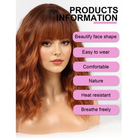 WOKESTAR Bob Wigs With Neat Fringe, Wavy Synthetic Wigs for Women Copper Gingger Color