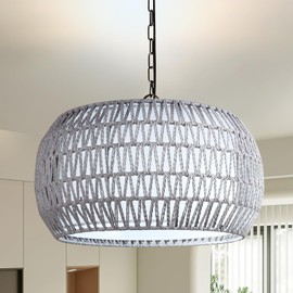 19" Rattan Farmhouse Chandelier Light Fixtures, 5-Light Boho Pendant Lights, Drum Style Chandeliers for Dining Room with Linen Shade, Hanging Light Fixtures for Kitchen Island Bedroom Ceiling Hall