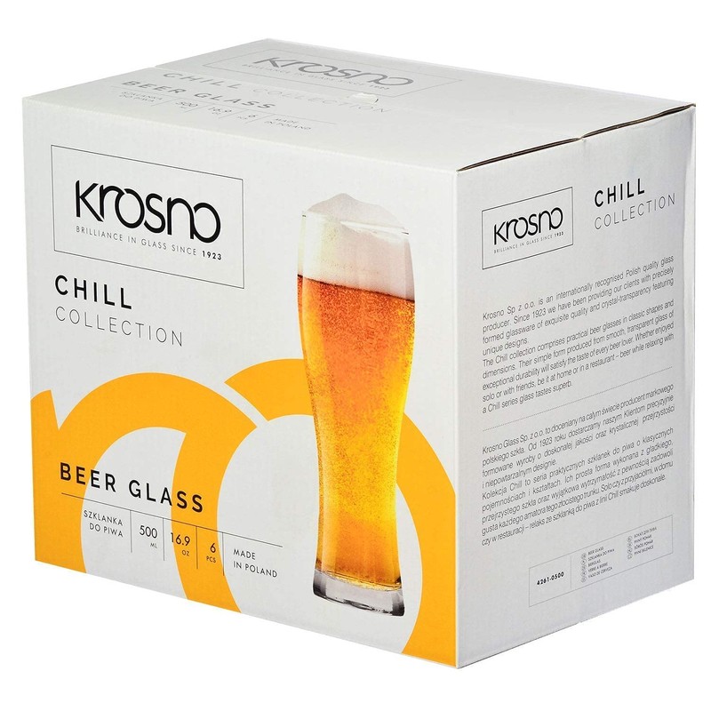 Krosno Tall Beer Pint Glasses, Set of 6, 16.9 oz,