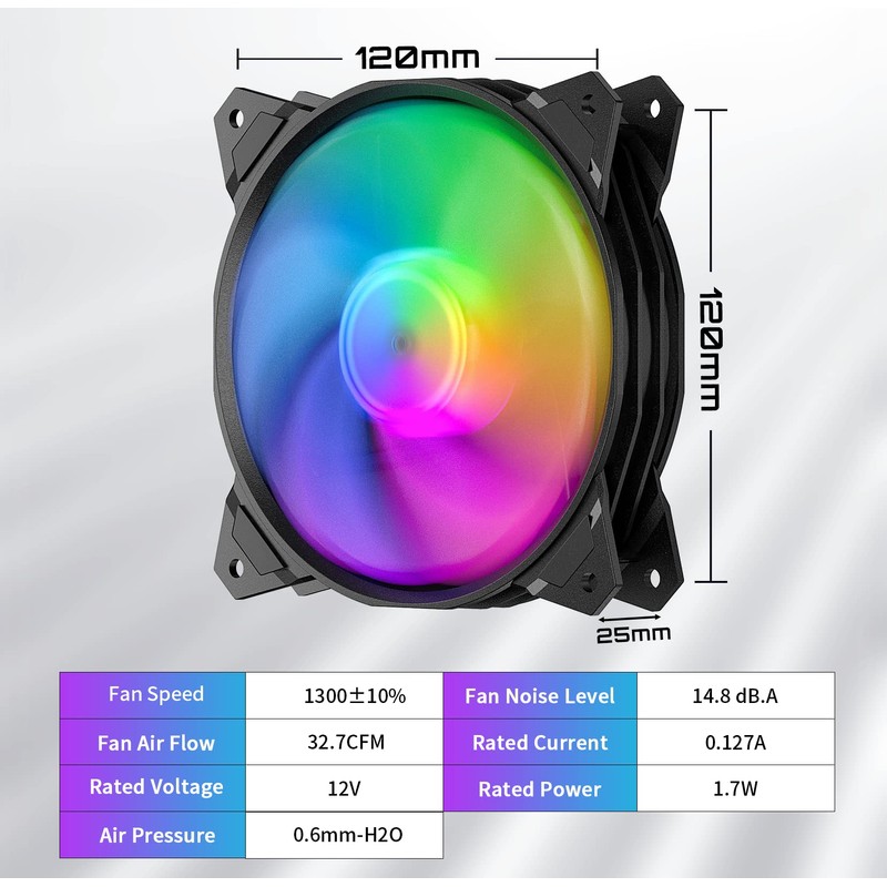 upHere 120mm 3PIN Case Fan with Rainbow LED Low Noise