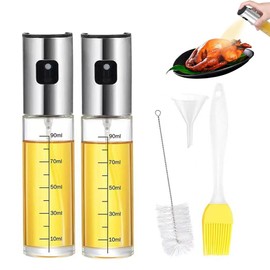 Voarge 2 Stainless Steel Spray Oil Bottles, 90 ml Spray Oil Bottle with Brush Funnel, Pressure Spray Oil Bottle, Set of 4, Kitchen, Grill, 18 cm x 4 cm (Silver)