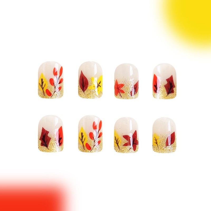 24Pcs Fall Press on Nails Nude Fake Nails with Yellow