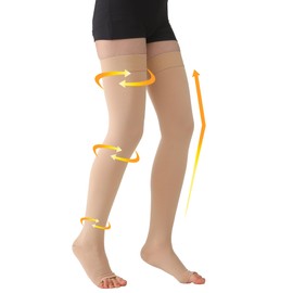 MGANG 15-20 mmHg Medical Compression Stockings for Women and Men, Open Toe, Thigh High Socks Graduated Compression with Silicone Dot for Varicose Vein, Swollen Legs, Travel, Flight, Pregnant, Beige M