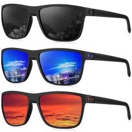 HENGOSEN Men's Polarised Sunglasses: Sports Sunglasses, Mirrored UV400 Protection, Driving, Fishing, Pack of 3, A03-Black/Dark Blue/Red