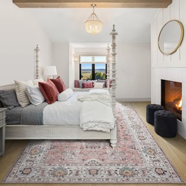 ULTSOFE 5x7 Washable Area Rug, Large Boho Rugs for Living Room, Pink Rugs for Bedroom Girls Dining Room Office, Anti Slip Low-Pile Stain Resistant Printed Vintage Floral Carpet