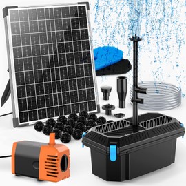 POPOSOAP 30W Solar Pond Filter with Fountain Pump, Pond Filters for Outdoor Ponds with 430GPH Pond Pump & 4 Fountain Heads and 6.5Ft PVC Tubing for Garden Water Features Waterfall Koi Pond P3303