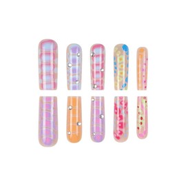 Square Press on Nails Long Fake Nails French Tip False Nails with Purple Designs Stick on Nails Rhinestones Glue on Nails Sparkly Cute Artificial Nails for Women 24pcs